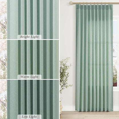 Aqua Green Pinch Pleated Linen Curtains 108 Inch Length 2 Panels - Image 4
