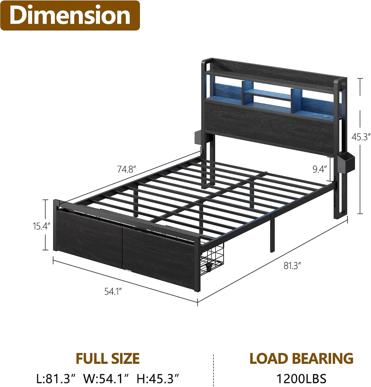 furnulem full size bed frame with headboard and shown in use