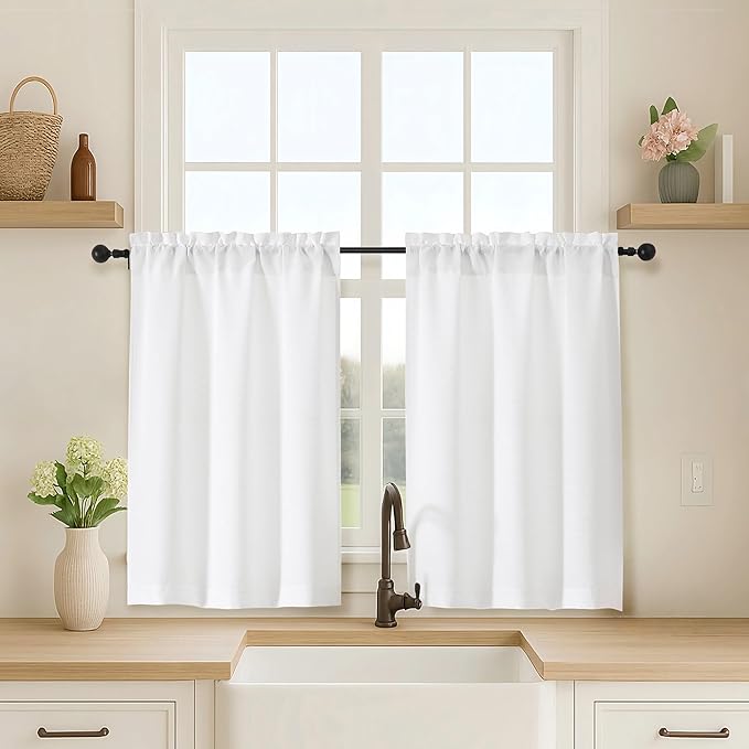 OVZME 2 Panels White Cafe Curtains 36 Inch Length, Thick Textured Small Kitchen by OVZME