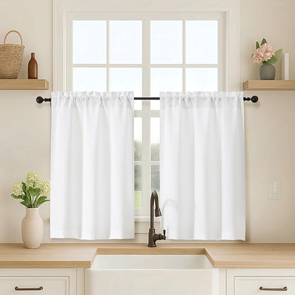 OVZME 2 Panels White Cafe Curtains 36 Inch Length, Thick Textured Small Kitchen by OVZME