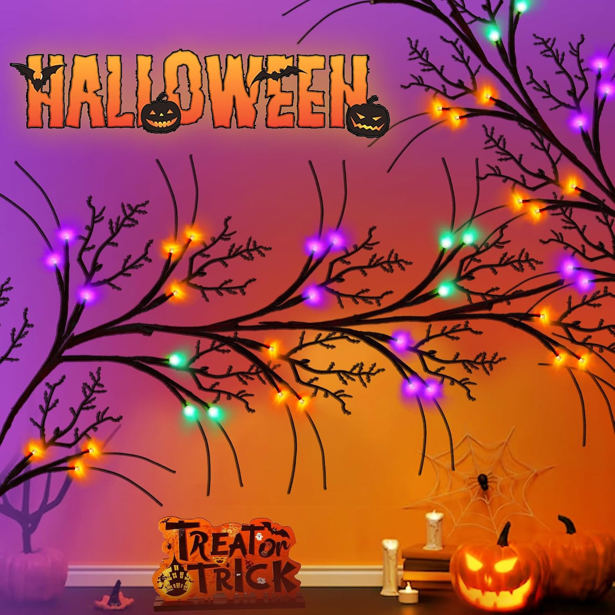 9Ft 72 LED Halloween Willow Vine Twig Garland with Lights - 8 Modes & Timer, Orange,Purple and Green, Waterproof Battery Operated for Mantle, Wall, Fireplace, Indoor Halloween Decorations