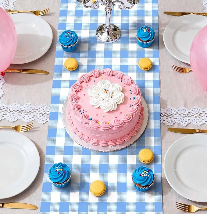 12 Pcs Light Blue and White Checkered Table Runner Plastic 14 x 108 Disposable - Image 6