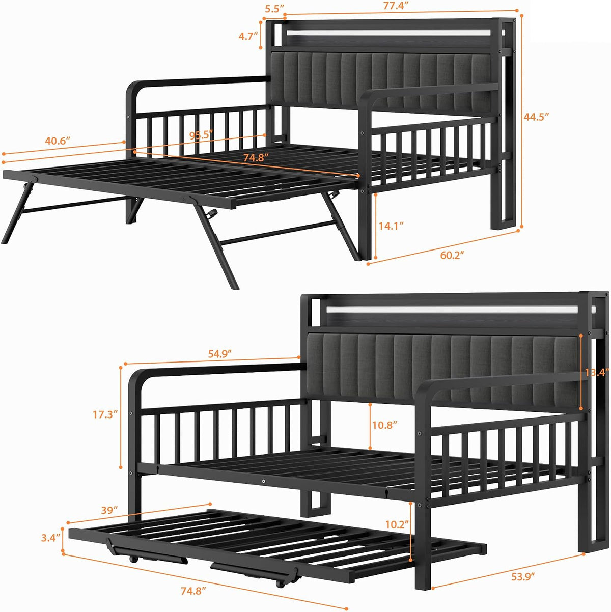 daybed with trundle and led light, heavy duty shown in use