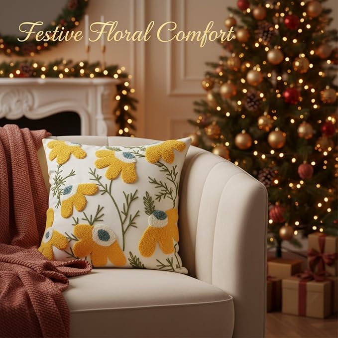 18x18 Embroidered Throw Pillow Covers Set – Yellow Daisy Cotton Decorative - Image 5