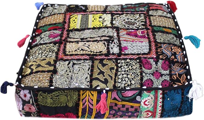 CRAFT KALA Indian Square Patchwork Traditional Pouf Cover Indian Living Room by CRAFTKALA