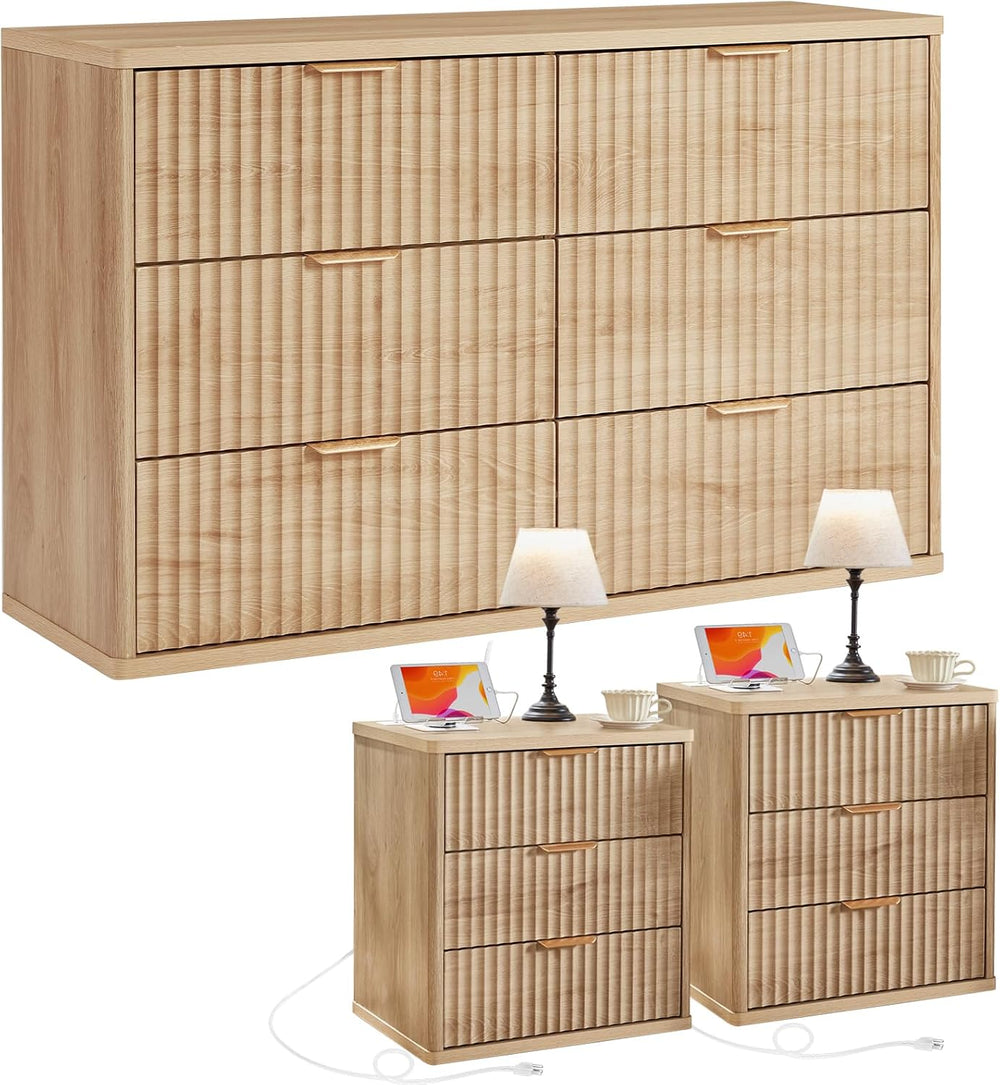 LEYAOYAO Fluted Dresser and 3 Drawers Nightstand Set of 2, Wood 48" Wide...