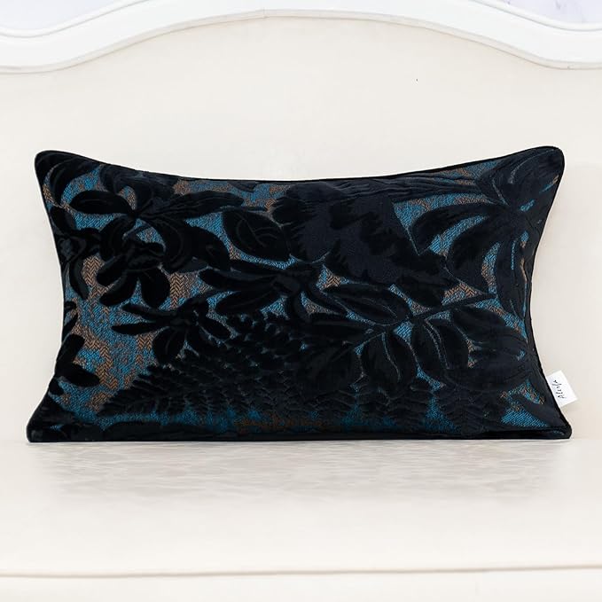 Alerfa Black Throw Pillow Cover 12x20 Inch, Rectangle Cut Velvet Maple Leaf by Alerfa