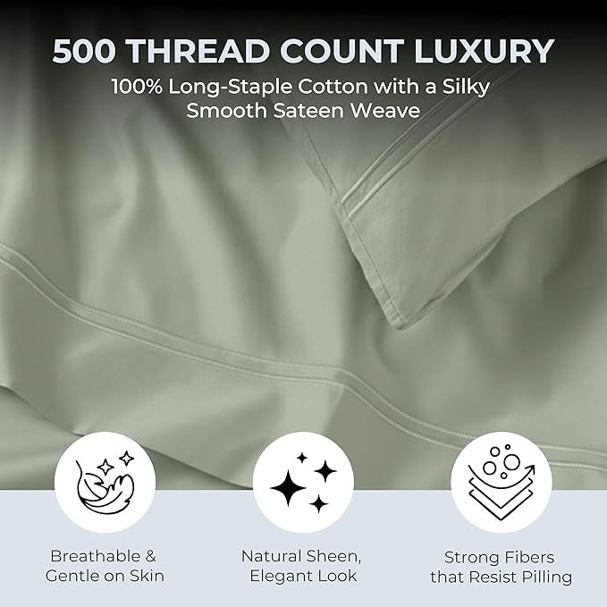 100% Natural Cotton Bed Sheets | 500 TC Single-Ply Sateen Weave Twin XL Sheets - Image 2
