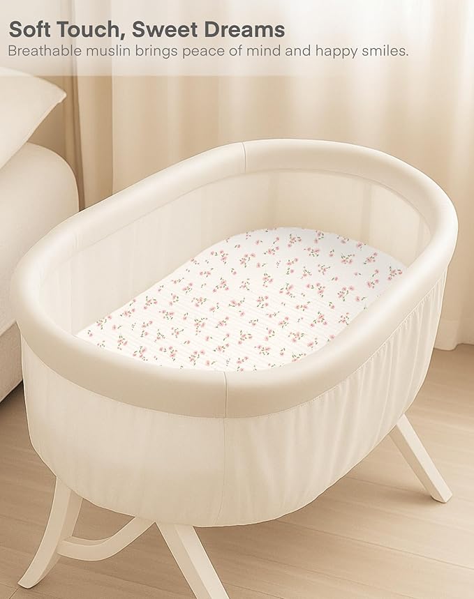 Muslin Bedside Bassinet Sheets 2 Pack, 33x20 Fitted Ultra Soft & Breathable - Image 3
