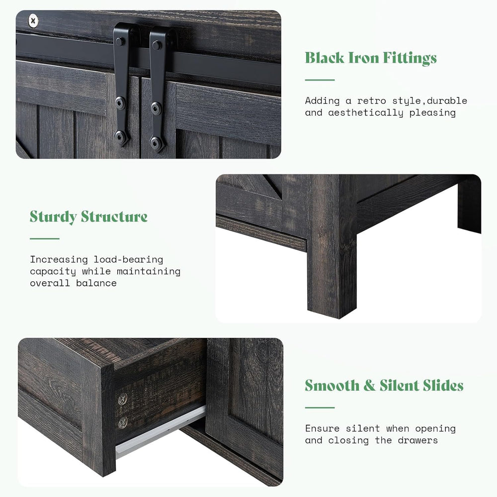 AMERLIFE 60" Farmhouse 4-Drawer Dresser with Barn Doors, Black Oak