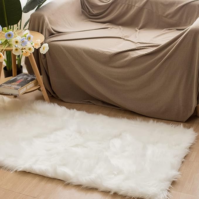 Latepis White Sheepskin Rug 2x3 Faux Fur Sheepskin Rug - Image 2