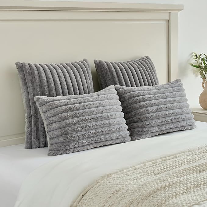FUTEI Grey Throw Pillow Covers Set of 2, 24x24 Inch Striped Texture European - Image 5