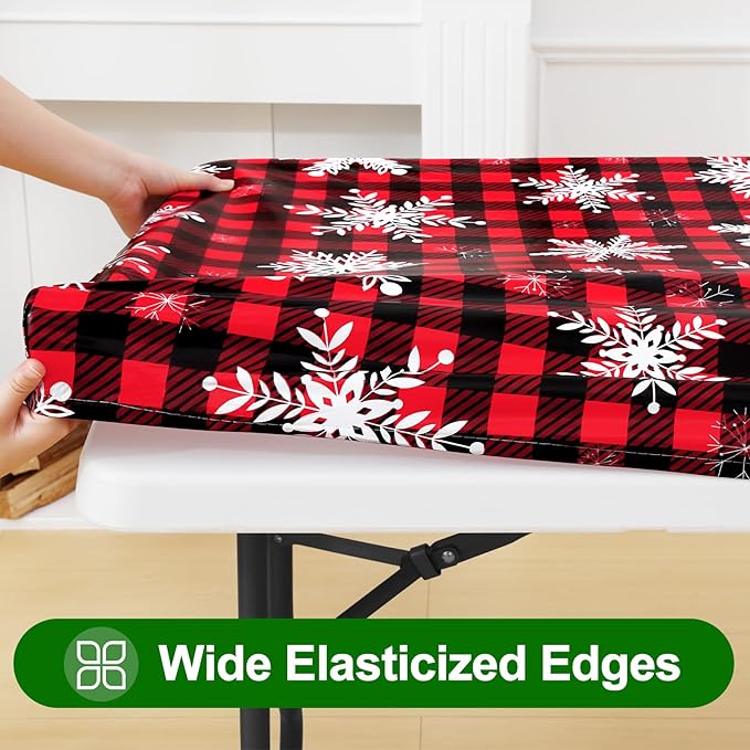 Smiry Plastic Christmas Tablecloth, Buffalo Plaid Waterproof Elastic Fitted - Image 2