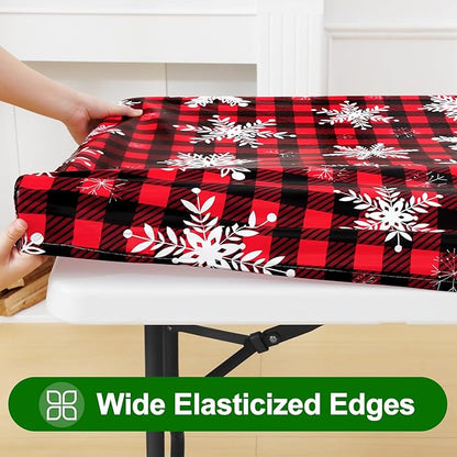 Smiry Plastic Christmas Tablecloth, Buffalo Plaid Waterproof Elastic Fitted - Image 2