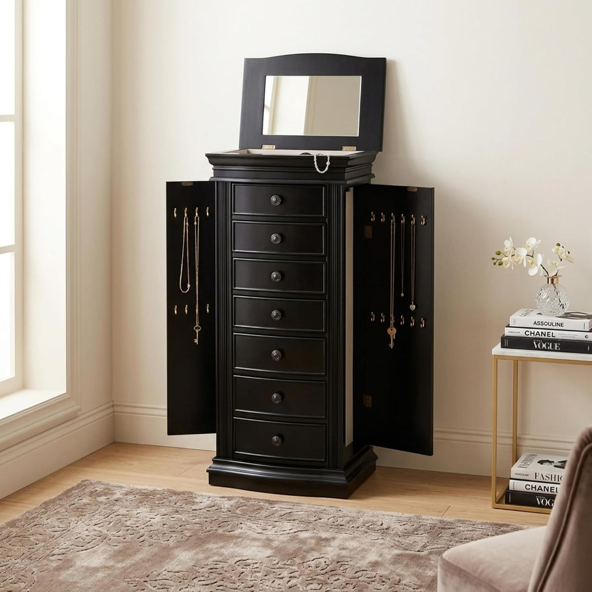 hives and honey luke standing jewelry armoire shown in use
