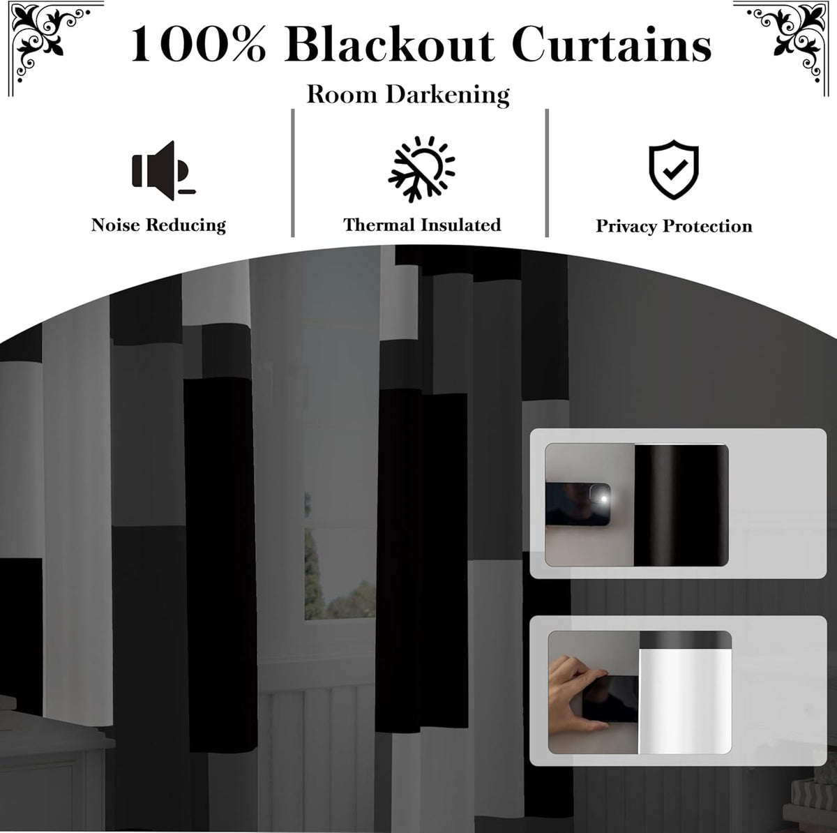 tyrot black white grey blackout curtains for bedroom, close-up detail