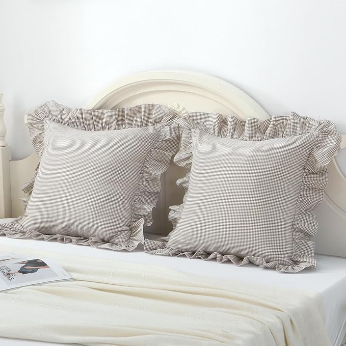 Brown/White Ruffle Plaid Throw Pillow Covers Farmhouse Checkered Gingham - Image 2