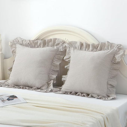 Brown/White Ruffle Plaid Throw Pillow Covers Set of 2, Farmhouse Checkered - Image 2