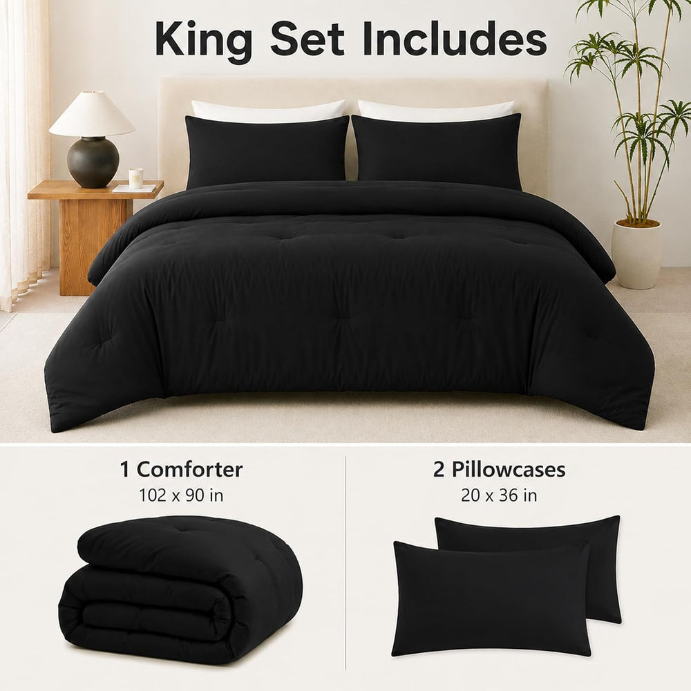 CozyLux King Comforter Set, 3 Pieces Down Alternative Bedding, Black