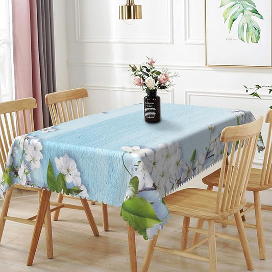 60x84inches Blue Wooden Rectangle Tablecloth Cherry Blossom Flowers Border by TTQYFNM