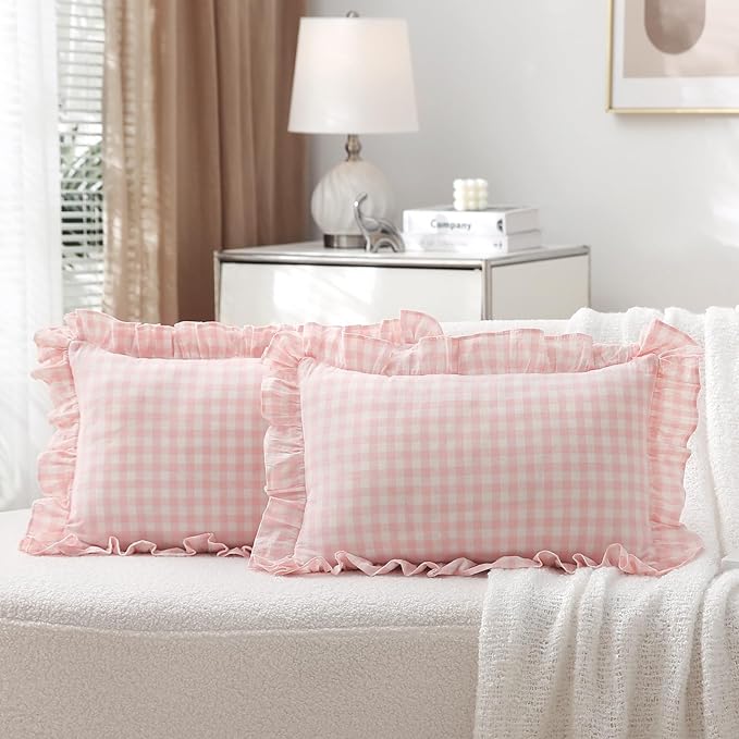 2 Pack Blush White Plaid Ruffle Gingham Lumbar Throw Pillow Covers, 100% Washed by KMASANIJI