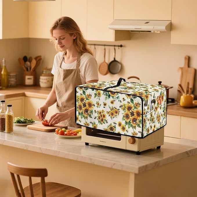 Sunflower Bee Print Toaster Oven Cover Dust-Proof Microwave Oven Cloth Cover - Image 2