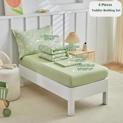 DuShow Green Floral Toddler Bedding Set, 4 Pieces Toddler Crib Bed Sheet Set - Image 3