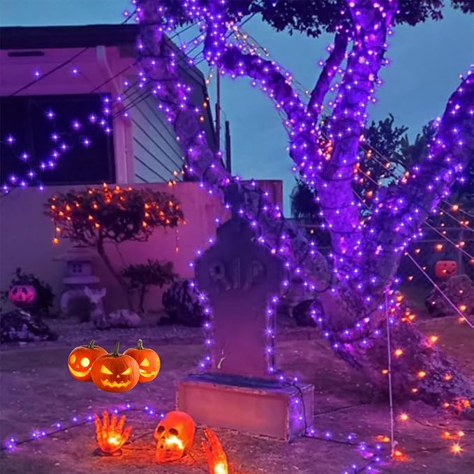 YEGUO 165ft 500 LED Halloween Lights Outdoor Waterproof, 8 Modes Purple String Lights Plug in, Green Wire Christmas Lights Indoor with Timer Memory