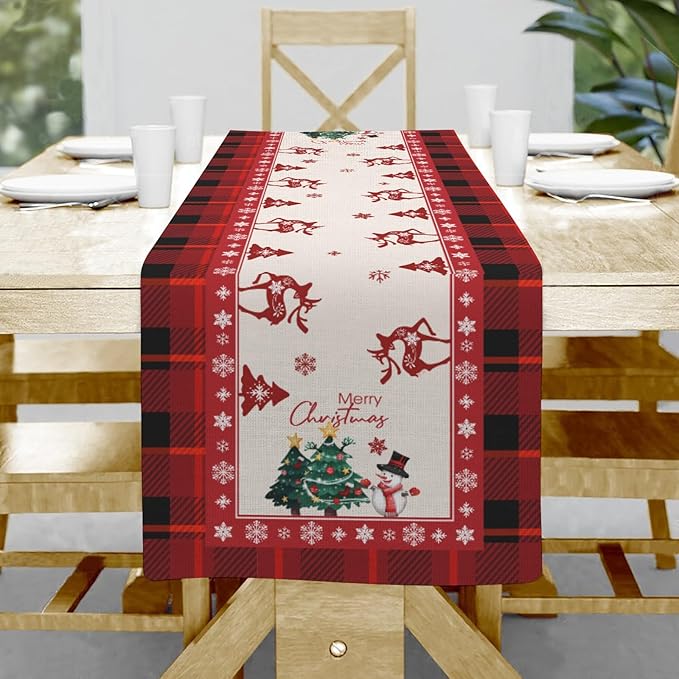Merry Christmas Table Runner, Snowman Deer Elk Christmas Tree Table Runners by Hliyty