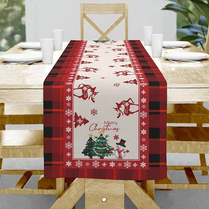 Merry Christmas Table Runner, Snowman Deer Elk Christmas Tree Table Runners by Hliyty