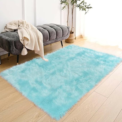 Latepis Blue Rugs for Bedroom Washable 3x5 Faux Sheepskin Fur Rug Fluffy Shaggy - Image 7