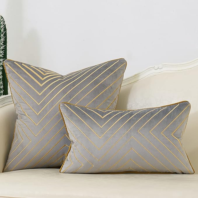 Avigers 12 x 20 Inch Grey Gold Striped Geometric Lines Embroidery Velvet - Image 6