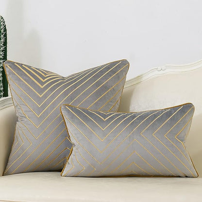 Avigers 12 x 20 Inch Grey Gold Striped Geometric Lines Embroidery Velvet - Image 6