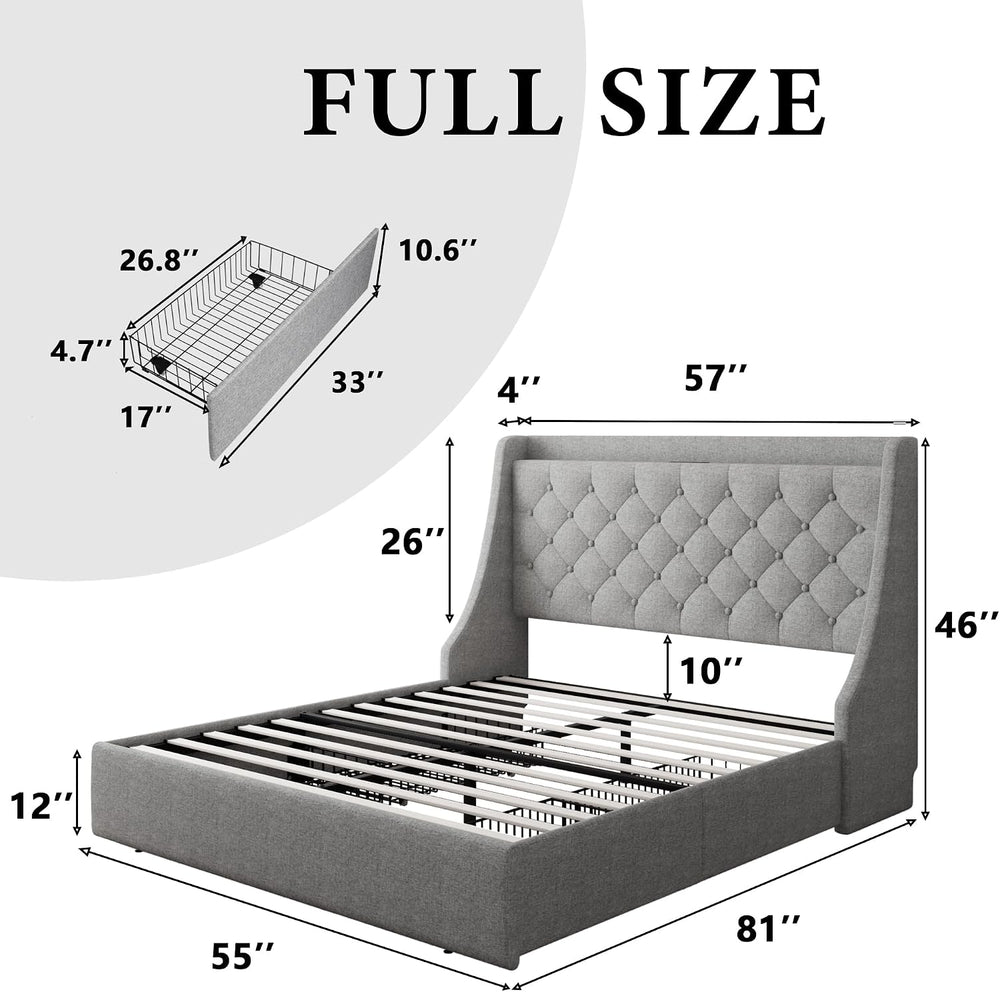 iPormis Full Size Bed Frame with 4 Storage Drawers, Upholstered Platform Bed ...