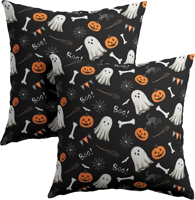 Halloween Throw Pillow Covers 24X24 Inch 2 Packs Boo Cute Ghost Orange Pumpkins by Granbey