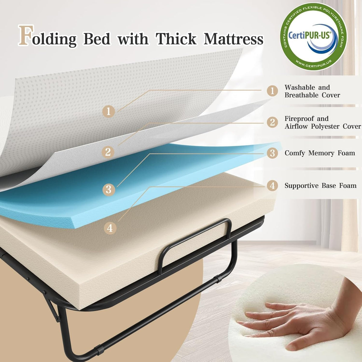 folding bed with mattress, 75" x 31" twin, front angle view