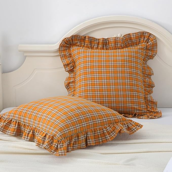 Burnt Orange Tartan Plaid Throw Pillow Cover Farmhouse Ruffle Pillow Shams Set by Mywinlle