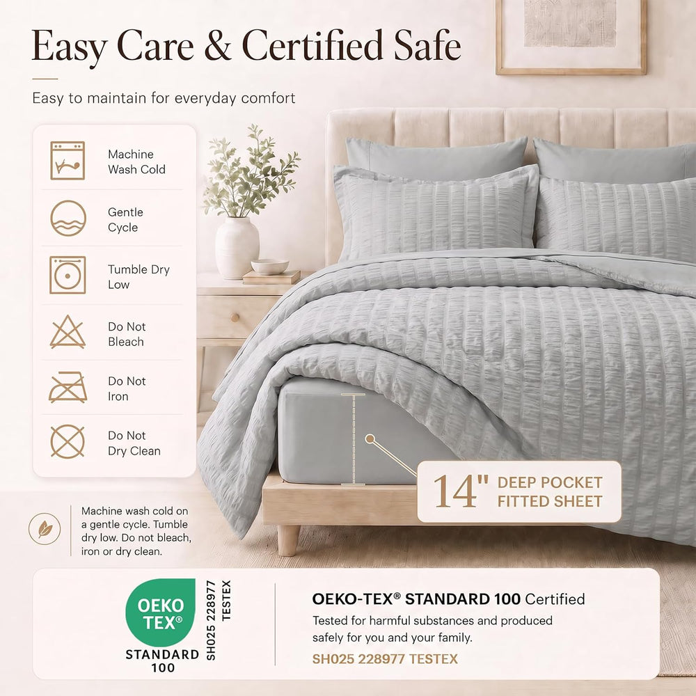 CozyLux Queen Comforter Set, 7 Pieces Light Grey Seersucker Bed in a Bag