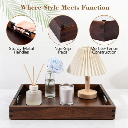 joy&grace acacia wood serving tray with handles 17", close-up detail
