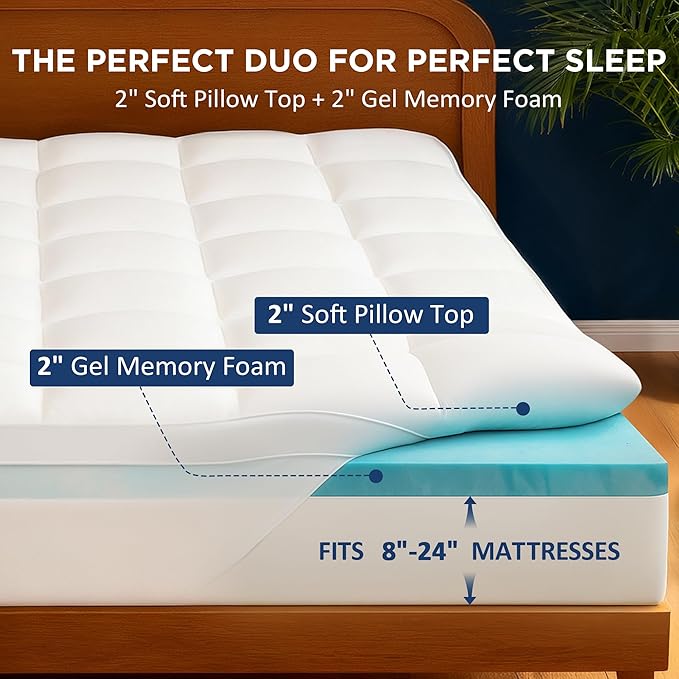King Size Dual Layer 4 Inch Memory Foam Mattress Topper, 2 Inch Cooling Gel - Image 2