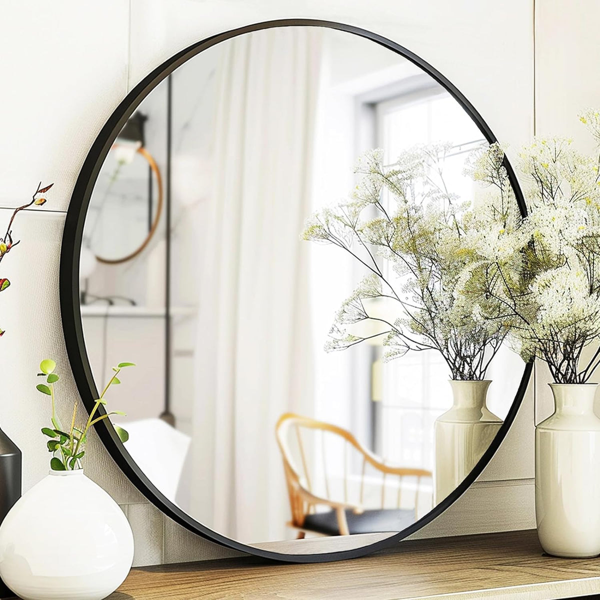 sunniry black round mirror, round mirror 24 inch, main product view