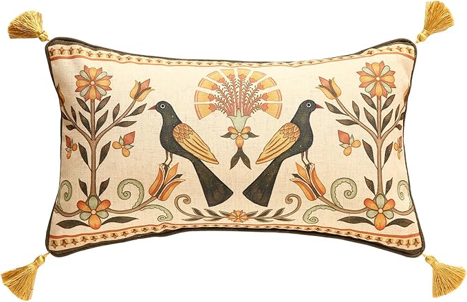 Brown Throw Pillow Covers, Floral Farmhouse Birds Flower Pattern Linen Accent by bilingaier