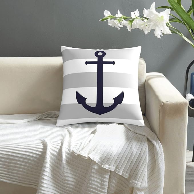 Myshe Square Nautical Navy Blue Anchor On Gray Stripes Throw Pillow Cover - Image 8