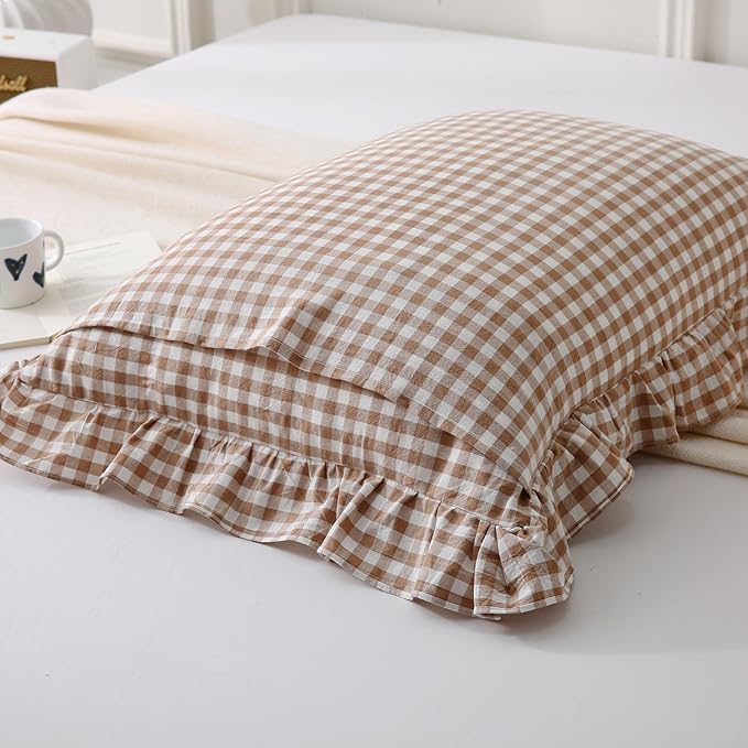 Aryeleay 2 Pack Khaki White Plaid Gingham Ruffle Pillow Shams Standard Size - Image 4