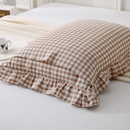 Aryeleay 2 Pack Khaki White Plaid Gingham Ruffle Pillow Shams Standard Size - Image 4