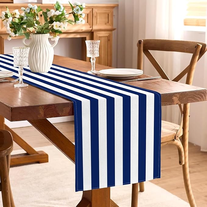 Navy Blue and White Striped Table Runner Nautical Theme Birthday Party - Image 2