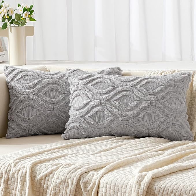 MIULEE Throw Pillow Covers 12x20 Inch Light Grey, Soft Winter Plush Faux Wool by MIULEE