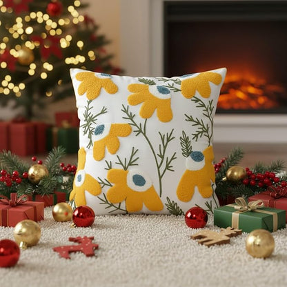 18x18 Embroidered Throw Pillow Covers Set – Yellow Daisy Cotton Decorative - Image 9