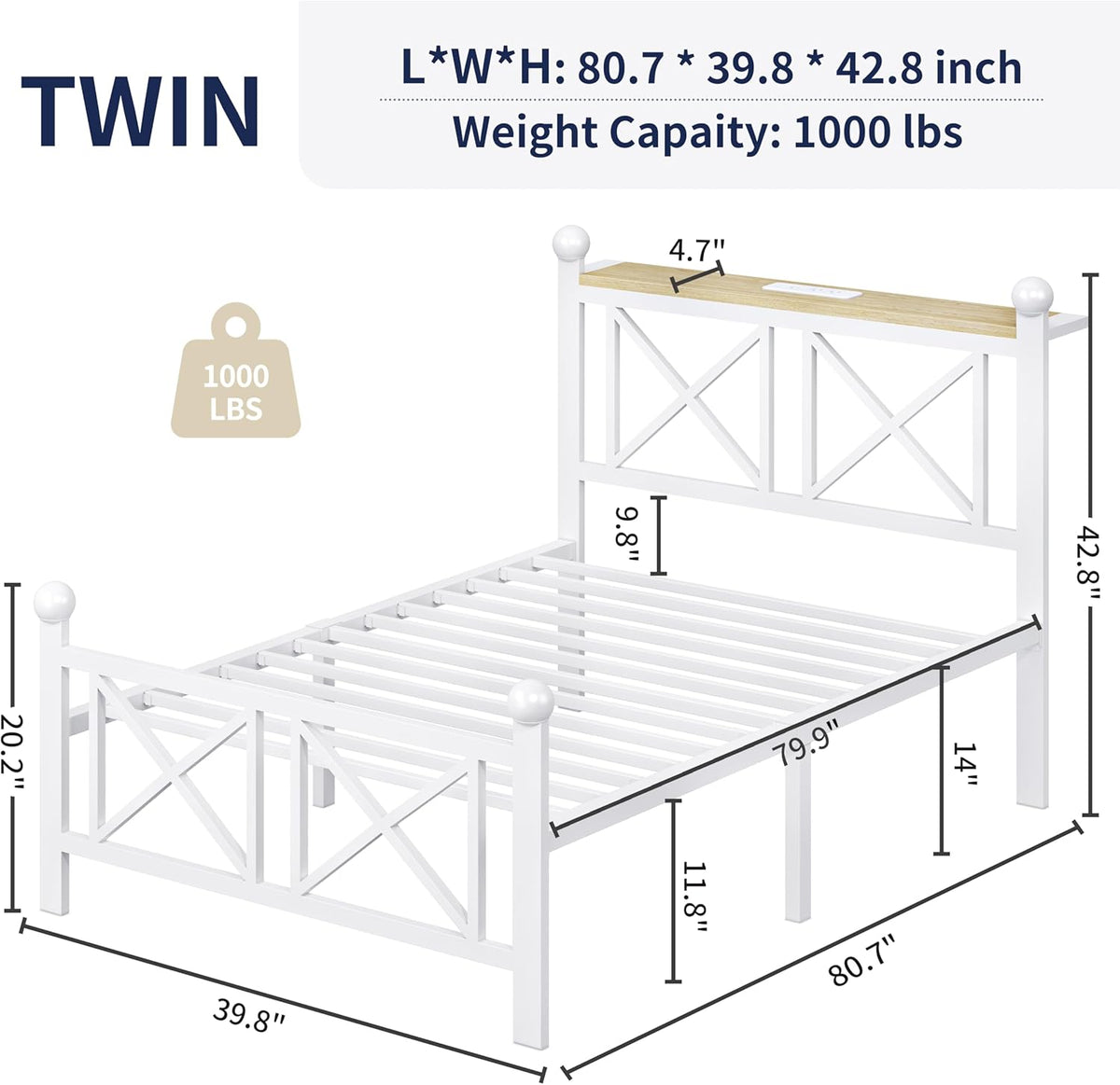 dynjest twin white bed frame with headboard and shown in use