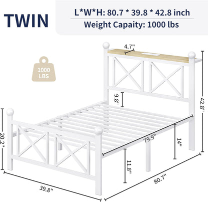 dynjest twin white bed frame with headboard and shown in use